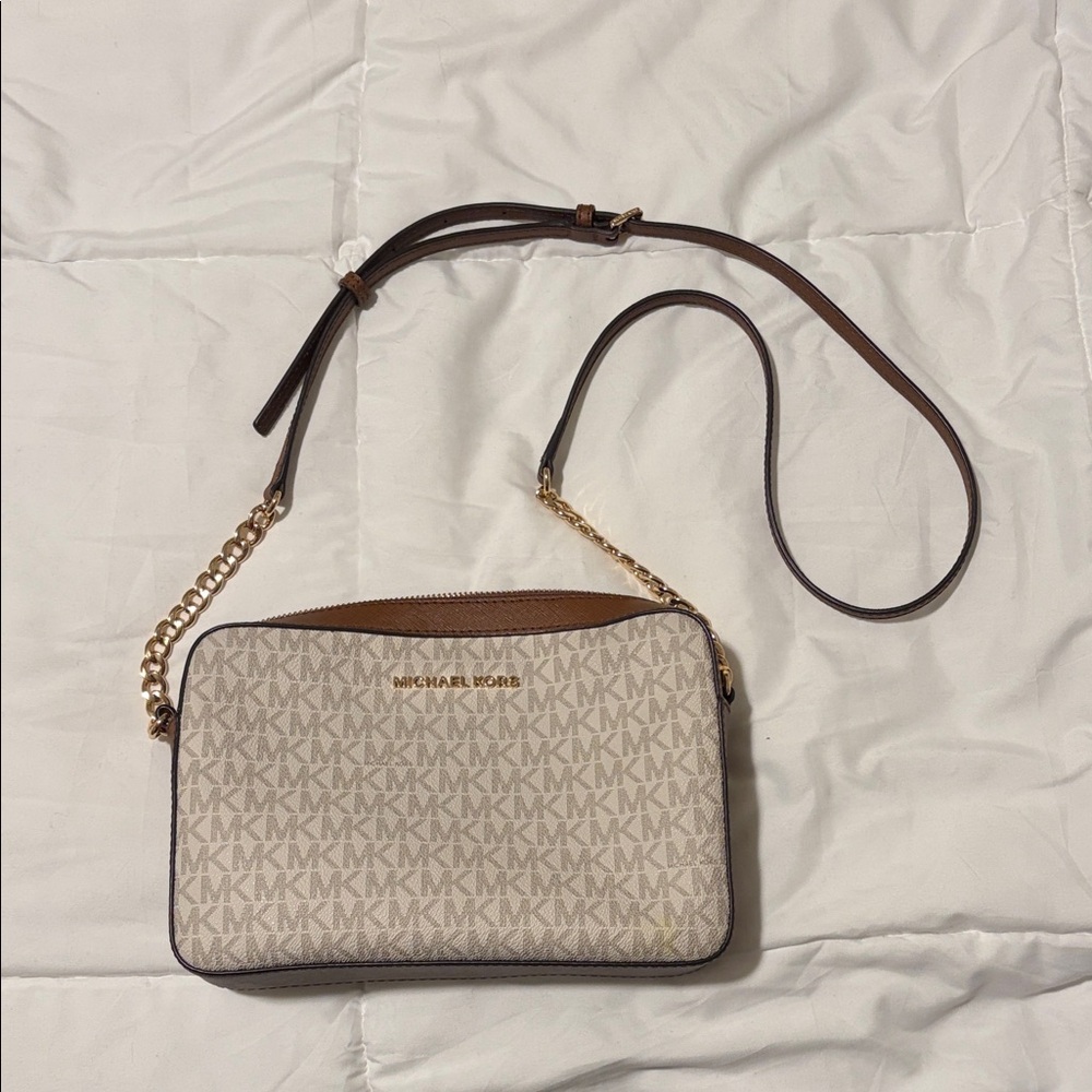 Michael Kors Beige and Brown Monogram Crossbody Bag